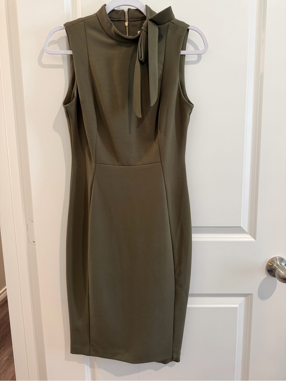 Calvin Klein Olive Sleeveless Tie-Neck Sheath Dress